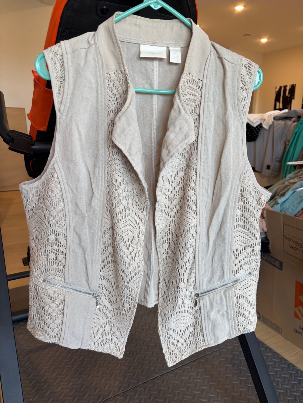 Chico's Neutral Cream Crochet-Panel Sleeveless Vest